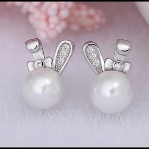 Silver and pearl bunny earrings